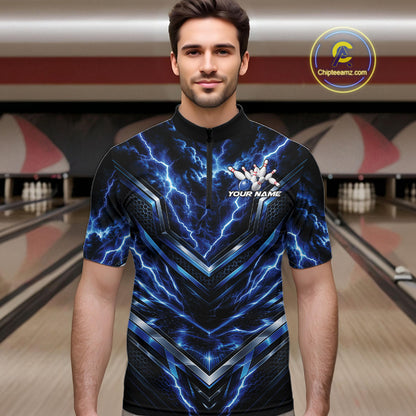 Custom Blue Lightning Bowling Team Men Quarter Zip Shirt, Matching Bowling League Shirt IPHW12334