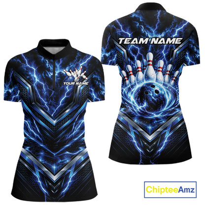 Custom Blue Lightning Bowling Team Women Quarter-Zip Shirt, Bowling League Shirt IPHW12334