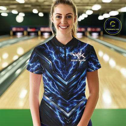 Custom Blue Lightning Bowling Team Women Quarter-Zip Shirt, Bowling League Shirt IPHW12334