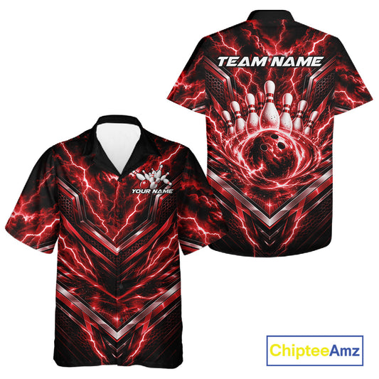 Custom Red Lightning Bowling Team Men And Women Button Up Shirt, Matching Bowling League Shirt IPHW12335