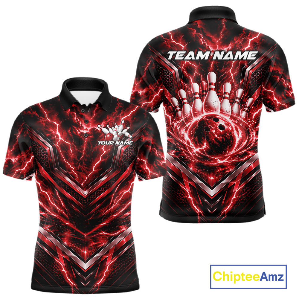 Custom Red Lightning Bowling Team Men Polo Shirt, Matching Bowling League Shirt IPHW12335