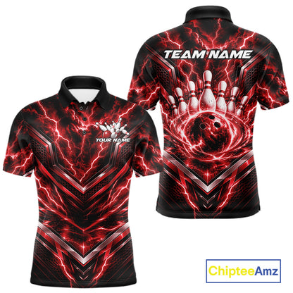Custom Red Lightning Bowling Team Men Polo Shirt, Matching Bowling League Shirt IPHW12335