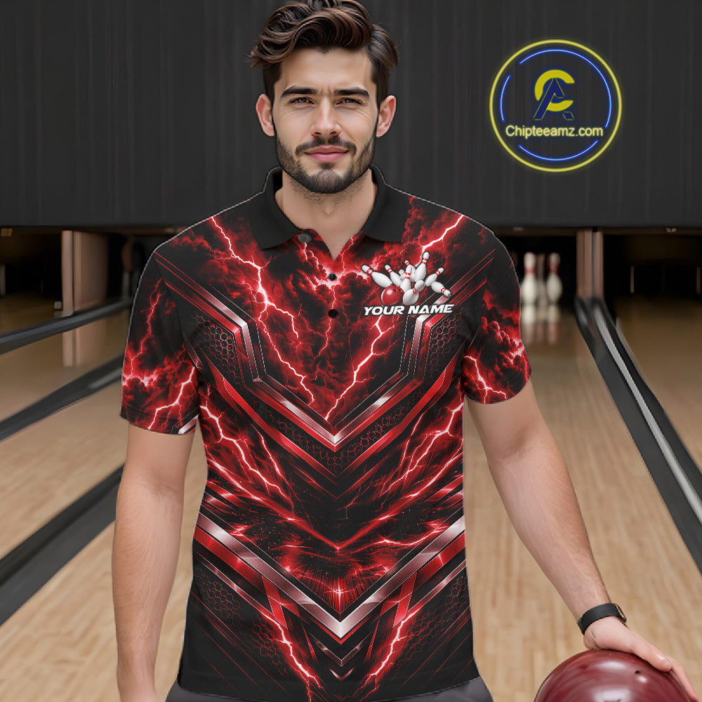 Custom Red Lightning Bowling Team Men Polo Shirt, Matching Bowling League Shirt IPHW12335
