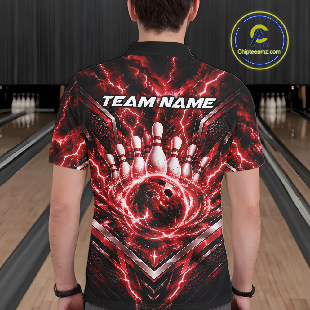 Custom Red Lightning Bowling Team Men Polo Shirt, Matching Bowling League Shirt IPHW12335