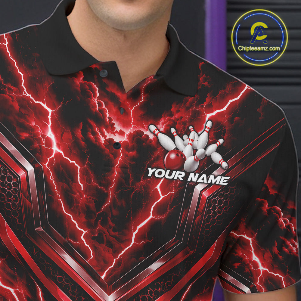 Custom Red Lightning Bowling Team Men Polo Shirt, Matching Bowling League Shirt IPHW12335