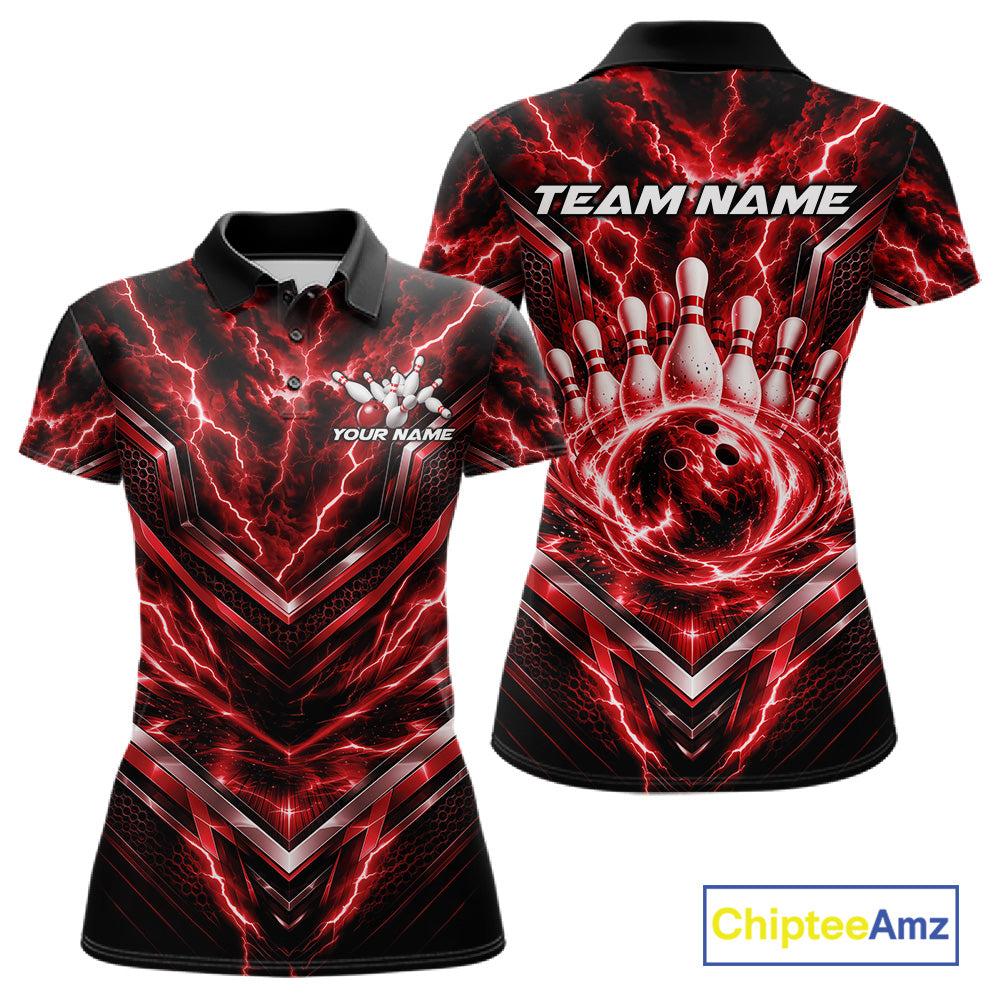 Custom Red Lightning Bowling Team Women Polo Shirt, Matching Bowling League Shirt IPHW12335