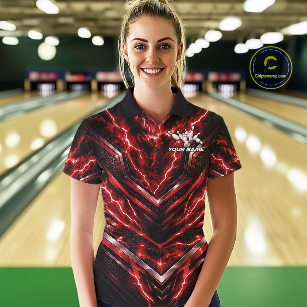 Custom Red Lightning Bowling Team Women Polo Shirt, Matching Bowling League Shirt IPHW12335