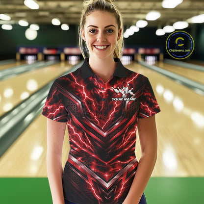 Custom Red Lightning Bowling Team Women Polo Shirt, Matching Bowling League Shirt IPHW12335