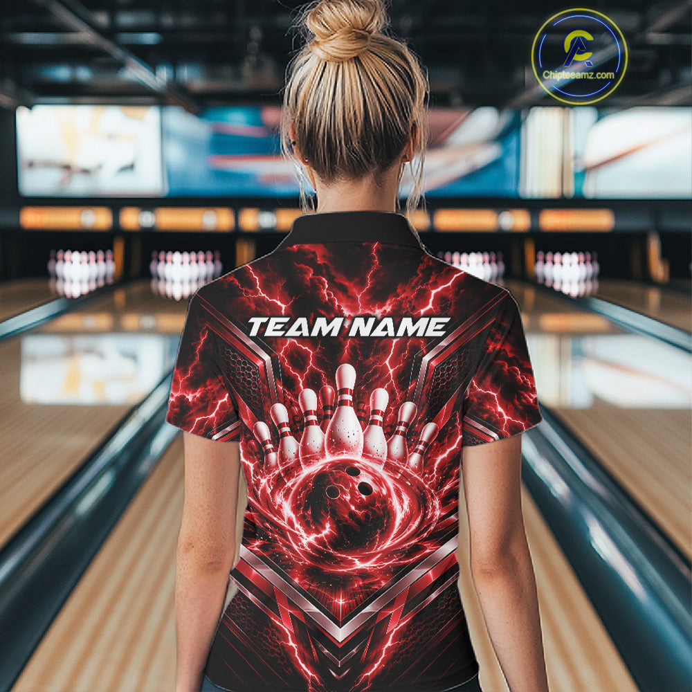 Custom Red Lightning Bowling Team Women Polo Shirt, Matching Bowling League Shirt IPHW12335