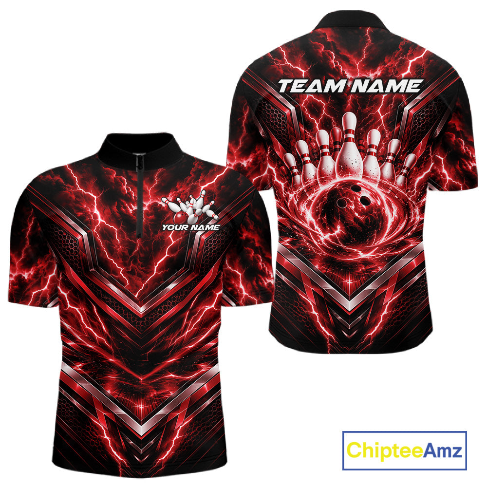 Custom Red Lightning Bowling Team Men Quarter Zip Shirt, Matching Bowling League Shirt IPHW12335