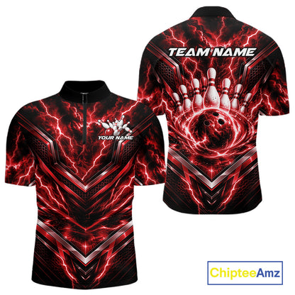 Custom Red Lightning Bowling Team Men Quarter Zip Shirt, Matching Bowling League Shirt IPHW12335