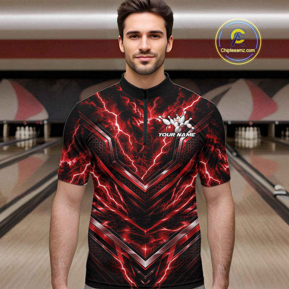 Custom Red Lightning Bowling Team Men Quarter Zip Shirt, Matching Bowling League Shirt IPHW12335