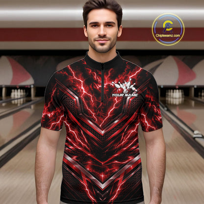 Custom Red Lightning Bowling Team Men Quarter Zip Shirt, Matching Bowling League Shirt IPHW12335