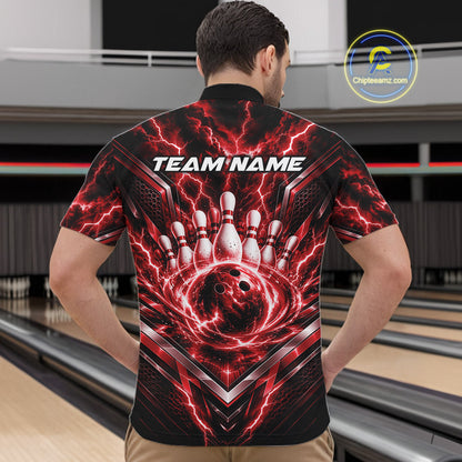Custom Red Lightning Bowling Team Men Quarter Zip Shirt, Matching Bowling League Shirt IPHW12335