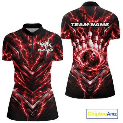 Custom Red Lightning Bowling Team Women Quarter-Zip Shirt, Matching Bowling League Shirt IPHW12335