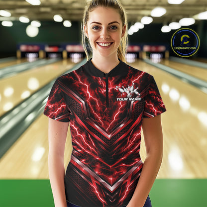 Custom Red Lightning Bowling Team Women Quarter-Zip Shirt, Matching Bowling League Shirt IPHW12335