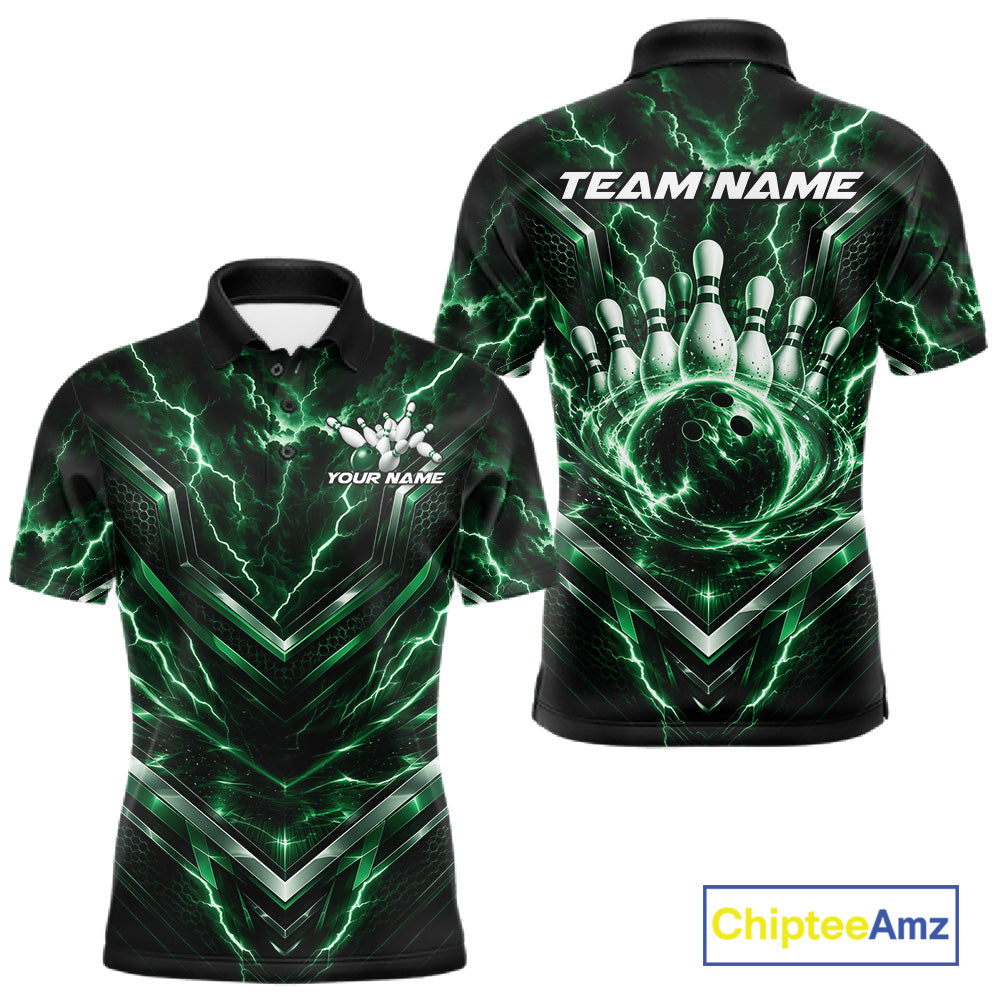 Custom Green Lightning Bowling Team Men Polo Shirt, Matching Bowling League Shirt IPHW12336