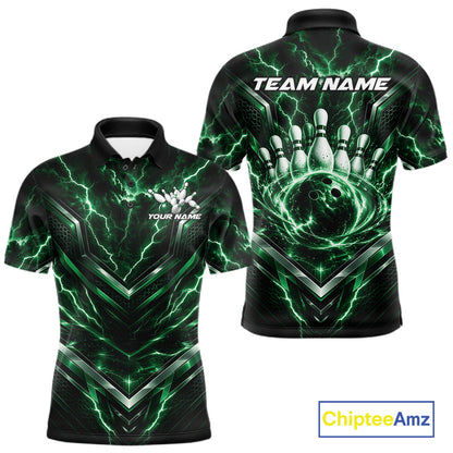 Custom Green Lightning Bowling Team Men Polo Shirt, Matching Bowling League Shirt IPHW12336