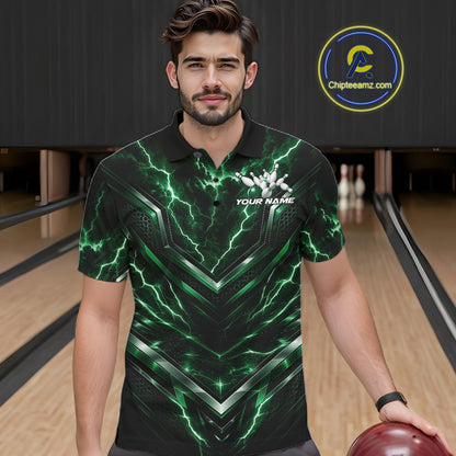 Custom Green Lightning Bowling Team Men Polo Shirt, Matching Bowling League Shirt IPHW12336