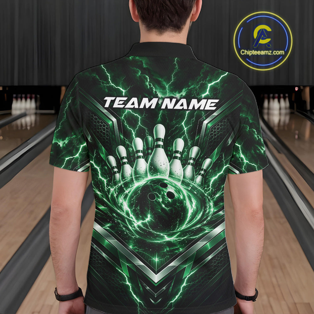 Custom Green Lightning Bowling Team Men Polo Shirt, Matching Bowling League Shirt IPHW12336