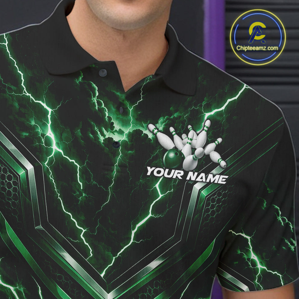 Custom Green Lightning Bowling Team Men Polo Shirt, Matching Bowling League Shirt IPHW12336