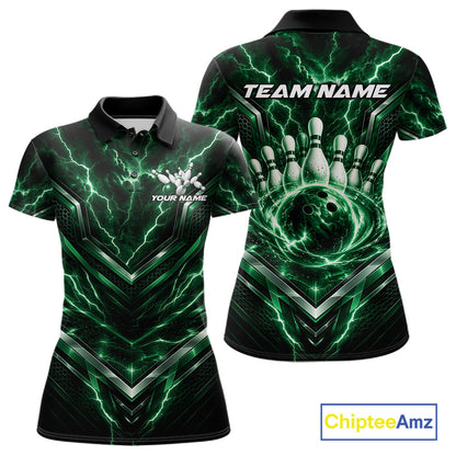 Custom Green Lightning Bowling Team Women Polo Shirt, Matching Bowling League Shirt IPHW12336