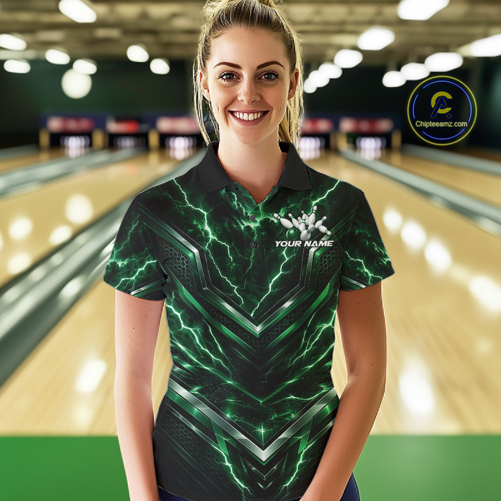 Custom Green Lightning Bowling Team Women Polo Shirt, Matching Bowling League Shirt IPHW12336