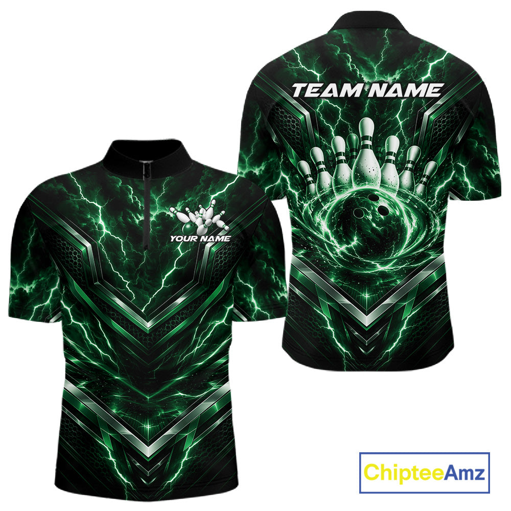 Custom Green Lightning Bowling Team Men Quarter Zip Shirt, Matching Bowling League Shirt IPHW12336