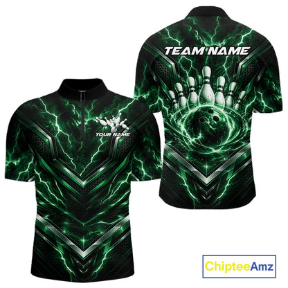 Custom Green Lightning Bowling Team Men Quarter Zip Shirt, Matching Bowling League Shirt IPHW12336