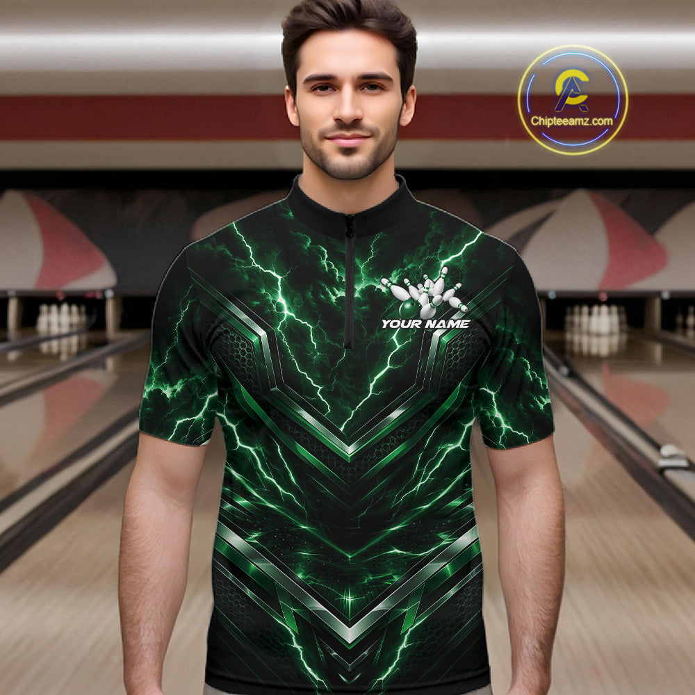 Custom Green Lightning Bowling Team Men Quarter Zip Shirt, Matching Bowling League Shirt IPHW12336