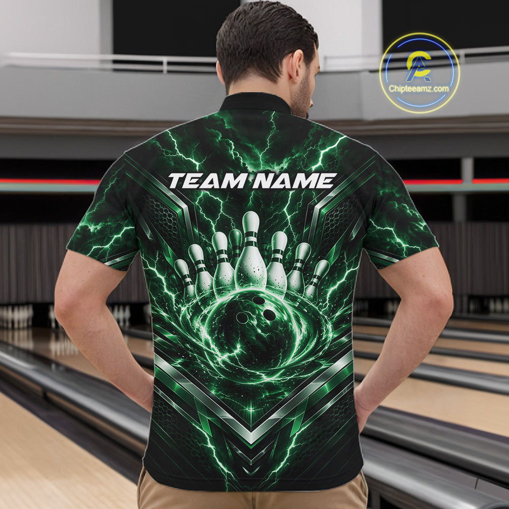 Custom Green Lightning Bowling Team Men Quarter Zip Shirt, Matching Bowling League Shirt IPHW12336