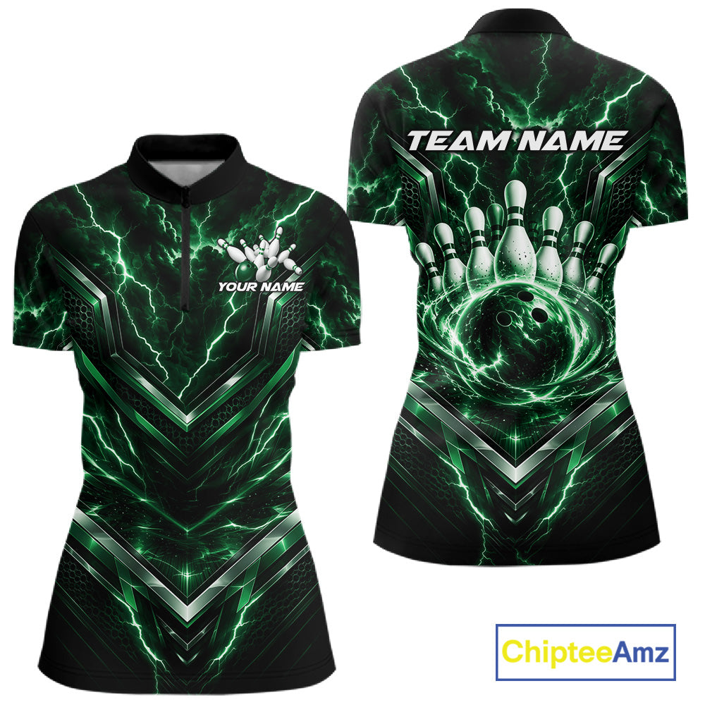 Custom Green Lightning Bowling Team Women Quarter-Zip Shirt, Bowling League Shirt IPHW12336