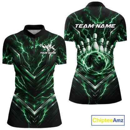 Custom Green Lightning Bowling Team Women Quarter-Zip Shirt, Bowling League Shirt IPHW12336