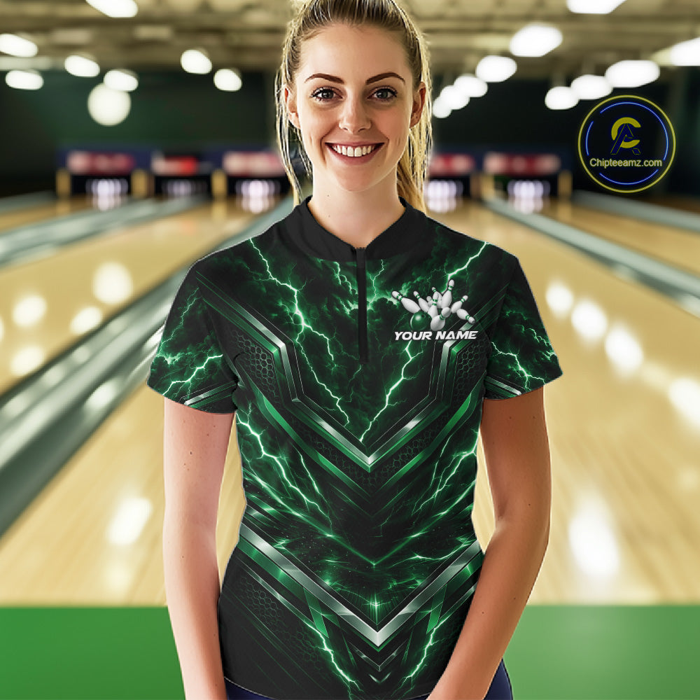 Custom Green Lightning Bowling Team Women Quarter-Zip Shirt, Bowling League Shirt IPHW12336