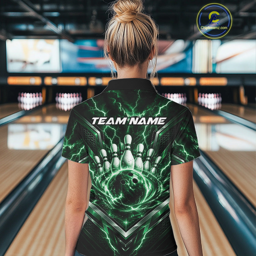 Custom Green Lightning Bowling Team Women Quarter-Zip Shirt, Bowling League Shirt IPHW12336