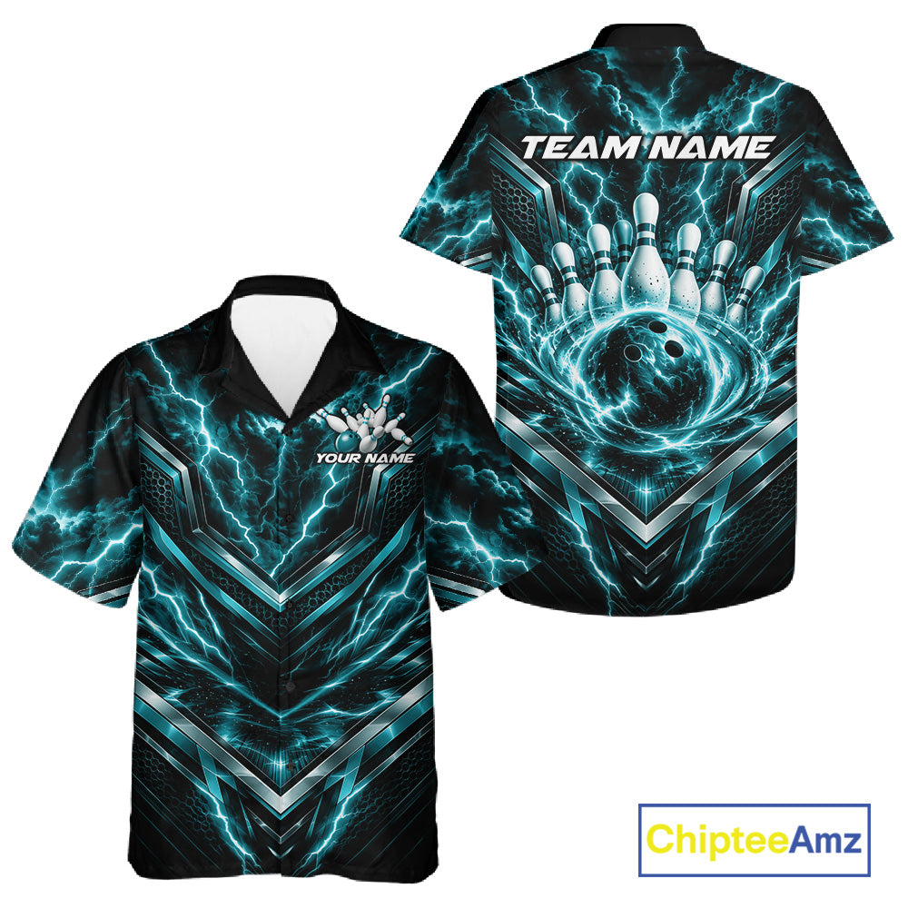 Custom Turquoise Blue Lightning Bowling Men And Women Button Up Shirt, Matching Bowling League Shirt IPHW12337