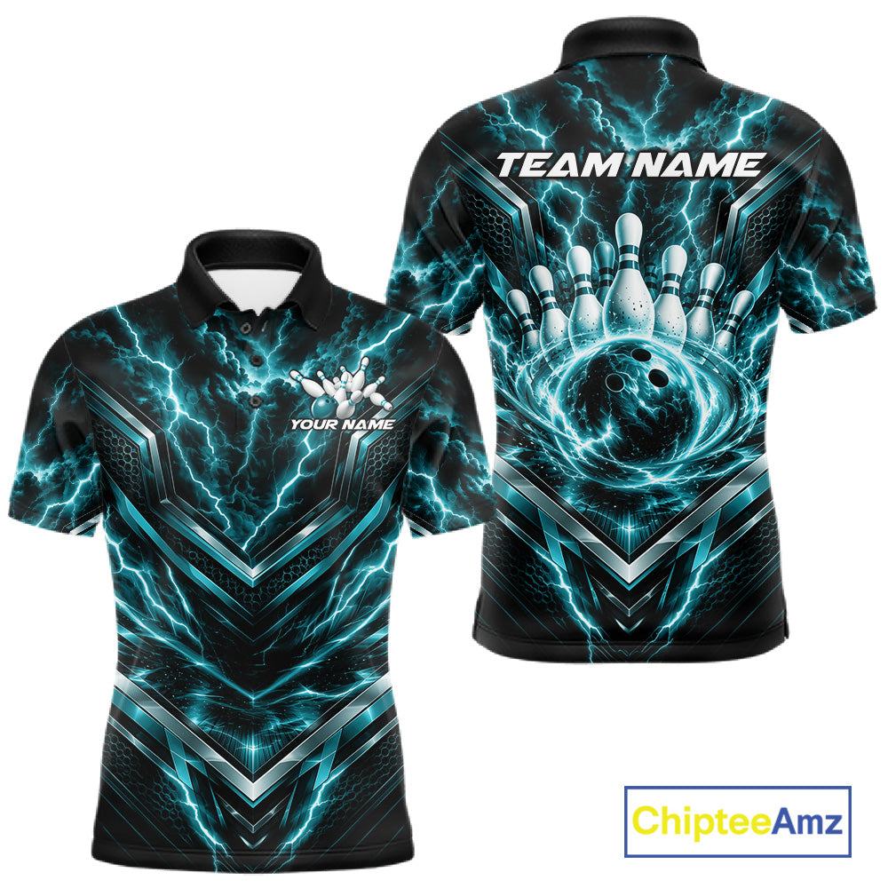 Custom Turquoise Blue Lightning Bowling Men Polo Shirt, Matching Bowling League Shirt IPHW12337