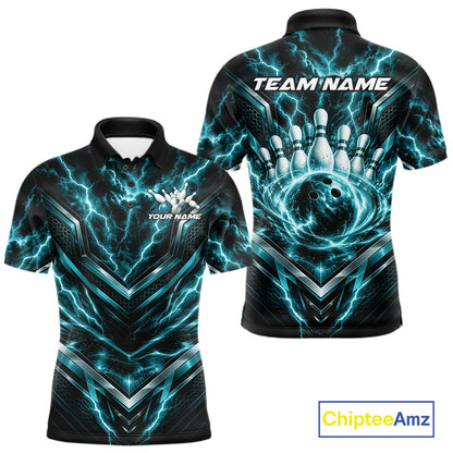 Custom Turquoise Blue Lightning Bowling Men Polo Shirt, Matching Bowling League Shirt IPHW12337