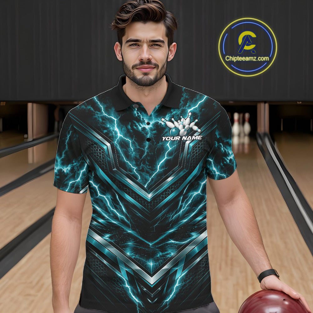 Custom Turquoise Blue Lightning Bowling Men Polo Shirt, Matching Bowling League Shirt IPHW12337