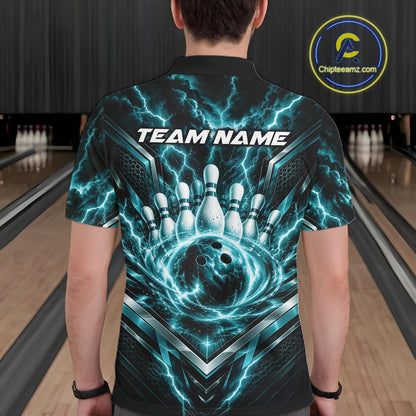 Custom Turquoise Blue Lightning Bowling Men Polo Shirt, Matching Bowling League Shirt IPHW12337