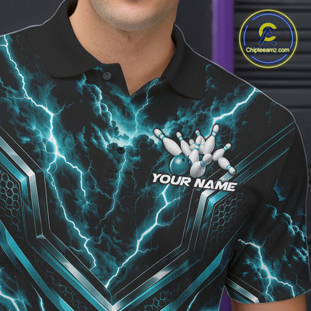 Custom Turquoise Blue Lightning Bowling Men Polo Shirt, Matching Bowling League Shirt IPHW12337