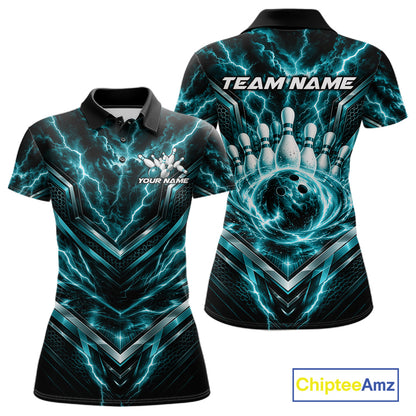 Custom Turquoise Blue Lightning Bowling Women Polo Shirt, Matching Bowling League Shirt IPHW12337