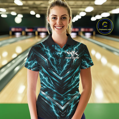 Custom Turquoise Blue Lightning Bowling Women Polo Shirt, Matching Bowling League Shirt IPHW12337