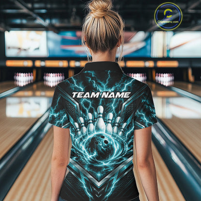 Custom Turquoise Blue Lightning Bowling Women Polo Shirt, Matching Bowling League Shirt IPHW12337