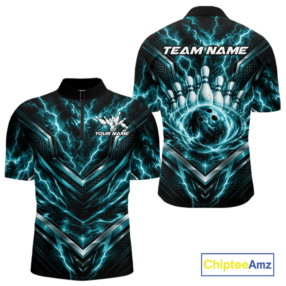 Custom Turquoise Blue Lightning Bowling Men Quarter Zip Shirt, Matching Bowling League Shirt IPHW12337
