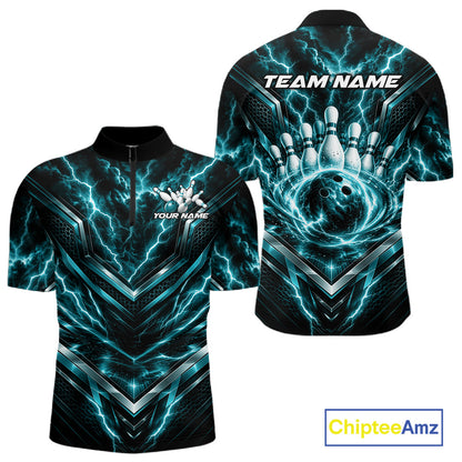 Custom Turquoise Blue Lightning Bowling Men Quarter Zip Shirt, Matching Bowling League Shirt IPHW12337