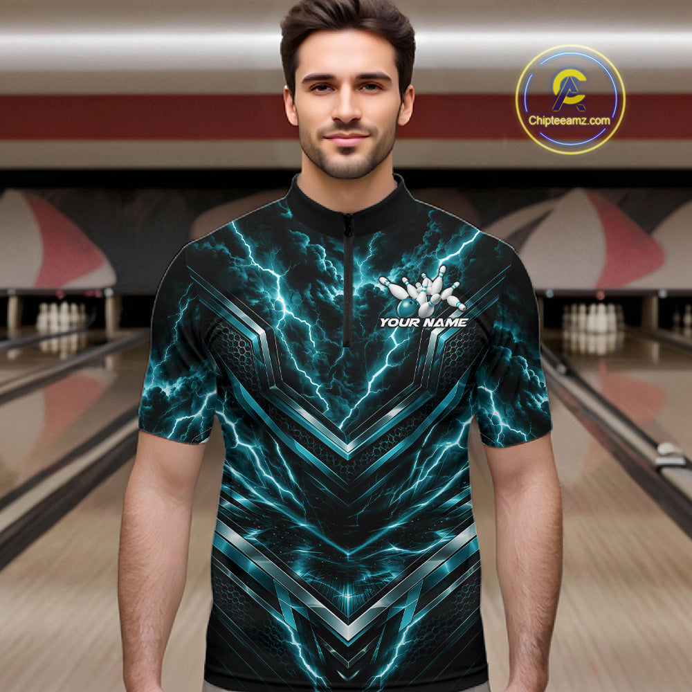 Custom Turquoise Blue Lightning Bowling Men Quarter Zip Shirt, Matching Bowling League Shirt IPHW12337