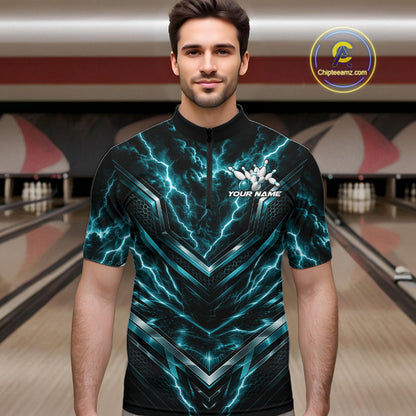 Custom Turquoise Blue Lightning Bowling Men Quarter Zip Shirt, Matching Bowling League Shirt IPHW12337