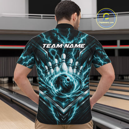 Custom Turquoise Blue Lightning Bowling Men Quarter Zip Shirt, Matching Bowling League Shirt IPHW12337