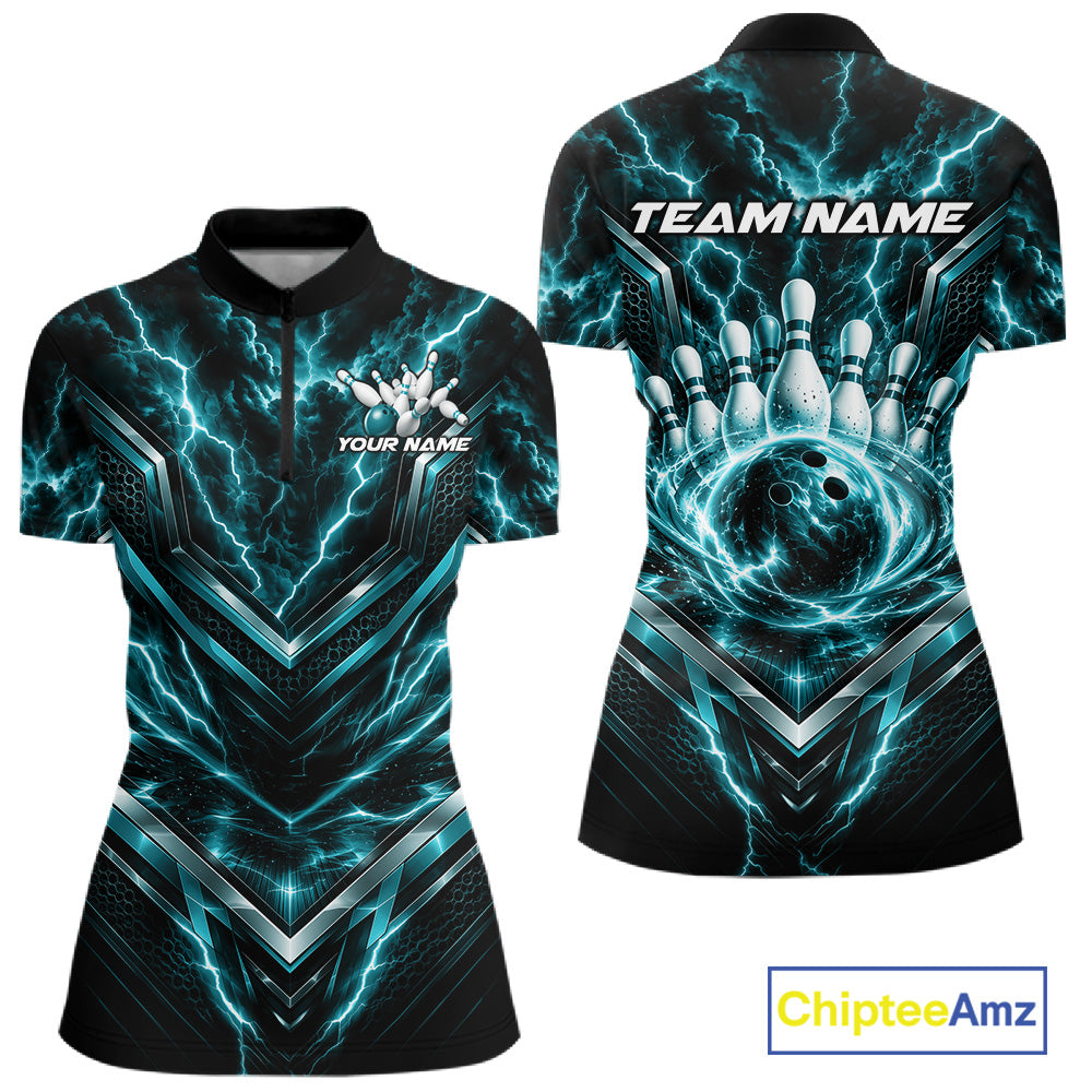 Custom Turquoise Blue Lightning Bowling Women Quarter-Zip Shirt, Bowling League Shirt IPHW12337